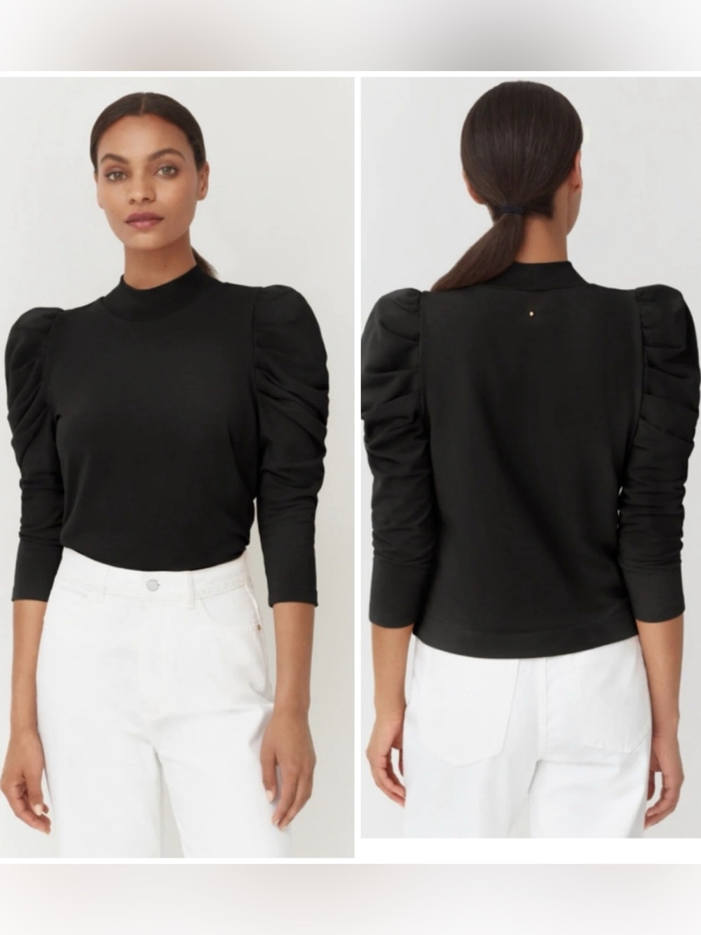 Cuyana Black French Terry Puff Sleeve Blouse Size M